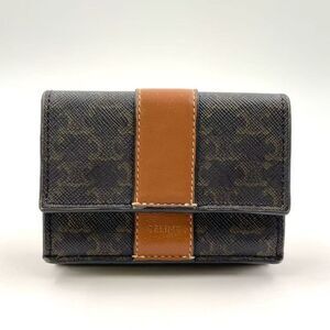 Celine Triomphe Pattern Leather Brown X Light Brown Trifold Wallet Gold